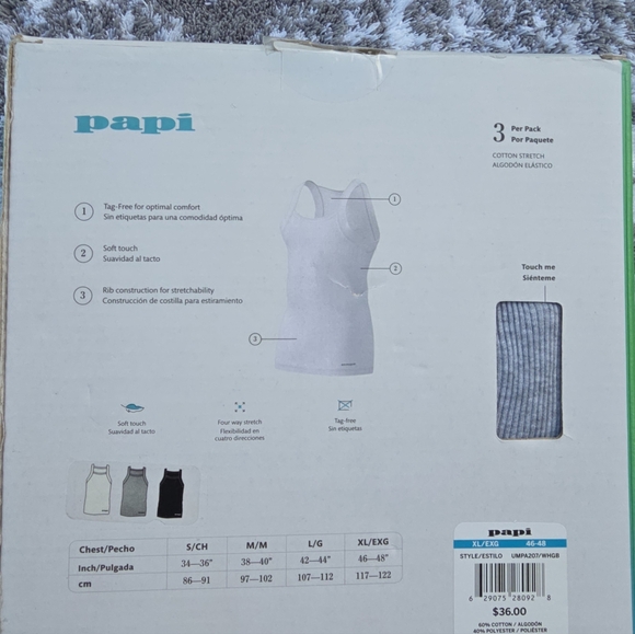 Men's Tank Top 3-Pack - Black, Gray, White Papi Cotton Stretch - Picture 3 of 3